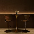 Brown Bar Stools with Wooden Backrests Metal Frames Gold Base Round Table Vase White Flowers