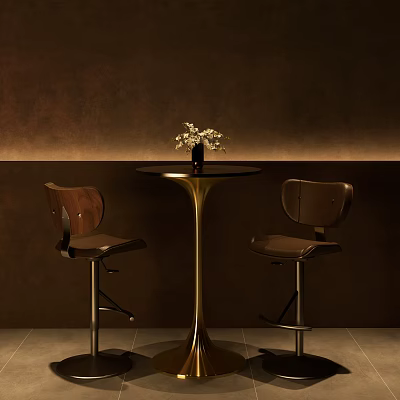 Brown Bar Stools with Wooden Backrests Metal Frames Gold Base Round Table Vase White Flowers 3d model