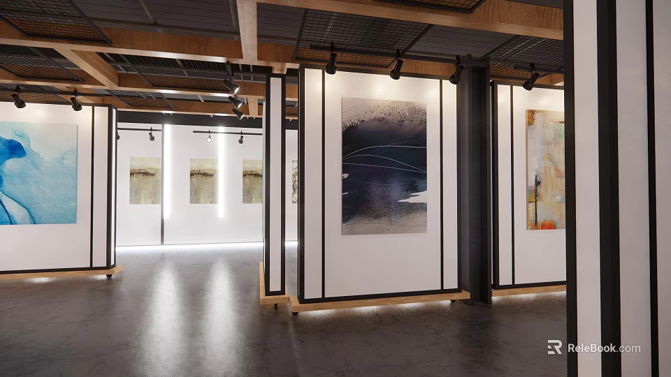 Modern Exhibition Hall With Spacious Design And Display Panels Featuring Artworks And Spotlights 3d model 