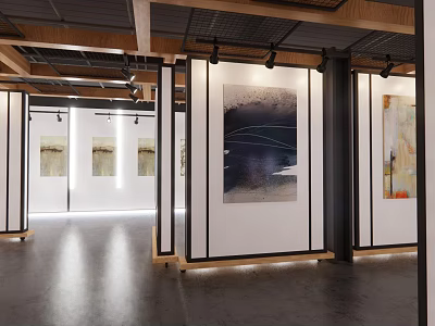 Modern Exhibition Hall With Spacious Design And Display Panels Featuring Artworks And Spotlights 3d model