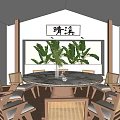 Chinese Style Private Dining Room With Round Marble Table Rattan Chairs And Green Plants