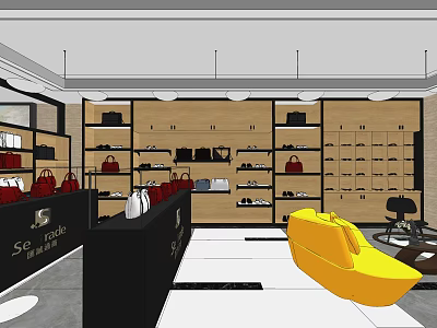 Modern Fashion Store Interior With Shelves Bags Shoes Counter And Yellow Chair 3d model