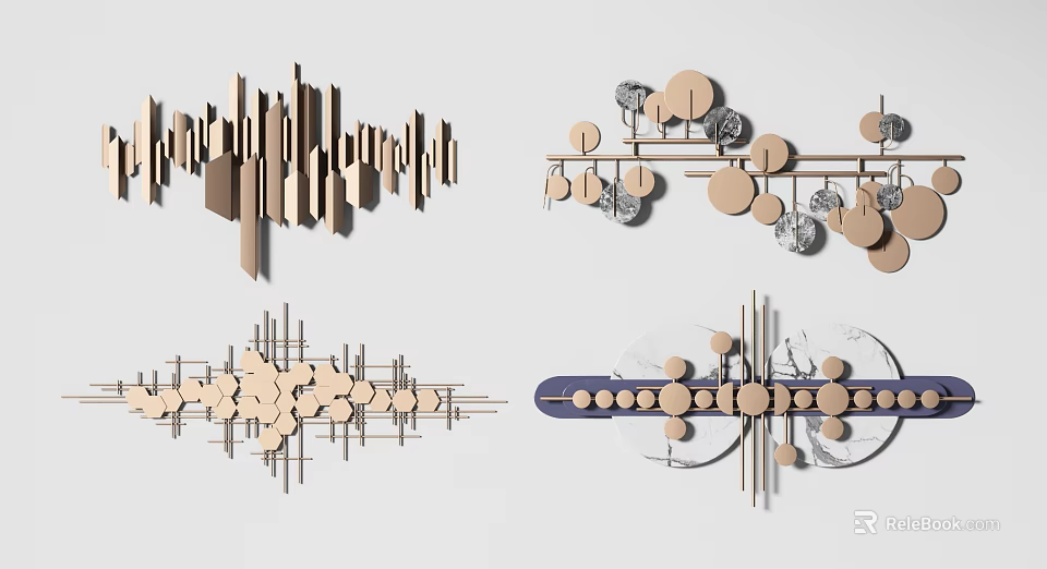 Modern Geometric Wall Decor with Circular Shapes and Linear Wooden Patterns 3d model 