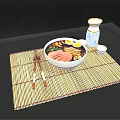 Bowl of Ramen with Pork Slices Soft Boiled Eggs Scallions Chopsticks on Bamboo Mat