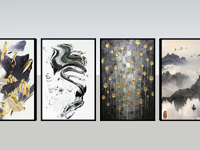 Modern Wall Art Collection Featuring Abstract Gold Ink and Landscape Designs 3d model