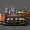 Traditional Dragon Head Ship With Ancient Architectural Structure And Decorative Flags 3d model