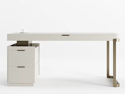 Modern White Desk With Long Tabletop Drawer Cabinet And Metallic Legs 3d model
