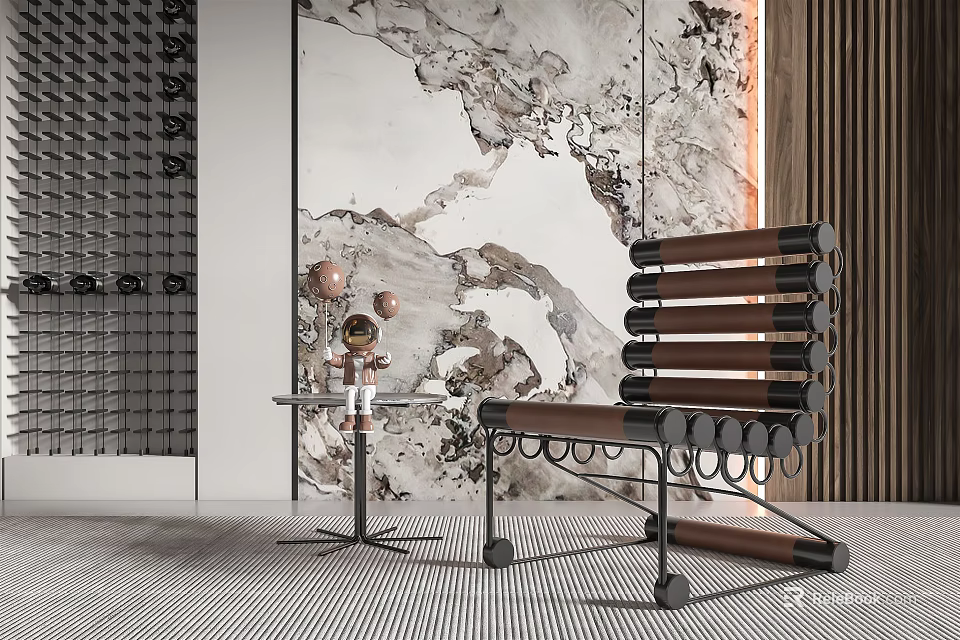 Modern Leisure Chair with Wooden Stripes Metal Frame in Interior with Marble Wall and Side Table Decor 3d model 