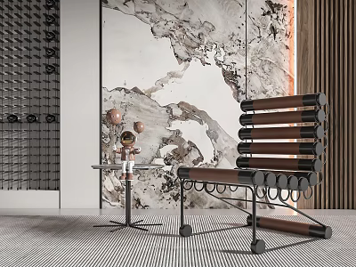 Modern Leisure Chair with Wooden Stripes Metal Frame in Interior with Marble Wall and Side Table Decor 3d model