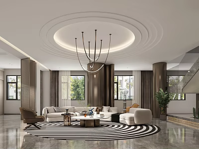 Modern Elegant Living Dining Room Interior Design With Round Ceiling Black Chandelier And Striped Rug 3d model