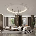 Modern Elegant Living Dining Room Interior Design With Round Ceiling Black Chandelier And Striped Rug