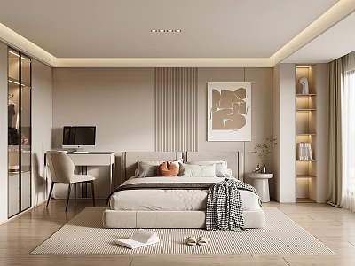 Modern Silent Cream Style Bedroom Fabric Double Bedside Table Wardrobe Dressing Table Book Decoration Curtain 3d model