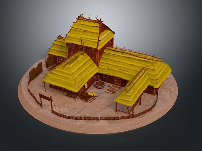 Traditional Village Model With Thatched Roofs Wooden Structures Circular Base And Enclosure 3d model
