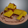 Traditional Village Model With Thatched Roofs Wooden Structures Circular Base And Enclosure