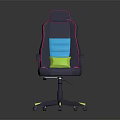 Ergonomic Gaming Chair With Black Pink Blue Accents And Yellow Cushion Wheels