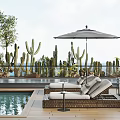 Poolside Outdoor Wicker Lounge Chairs With Striped Umbrella Cactus Plants And Marble Side Table