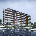 Modern Multi Storey Apartment Building With Balconies And Waterfront Landscaping