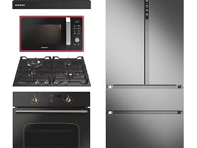 Essential Modern Kitchen Appliances Including Microwave Gas Stove Oven And Refrigerator 3d model