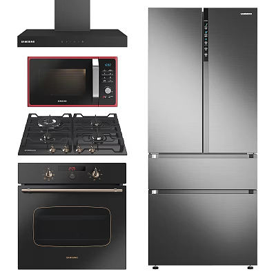 Essential Modern Kitchen Appliances Including Microwave Gas Stove Oven And Refrigerator 3d model