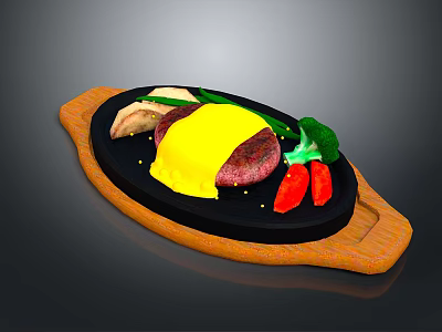 Sizzling Steak with Fried Egg Broccoli and Red Pepper on Hot Grill Plate 3d model
