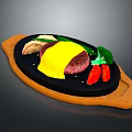 Sizzling Steak with Fried Egg Broccoli and Red Pepper on Hot Grill Plate