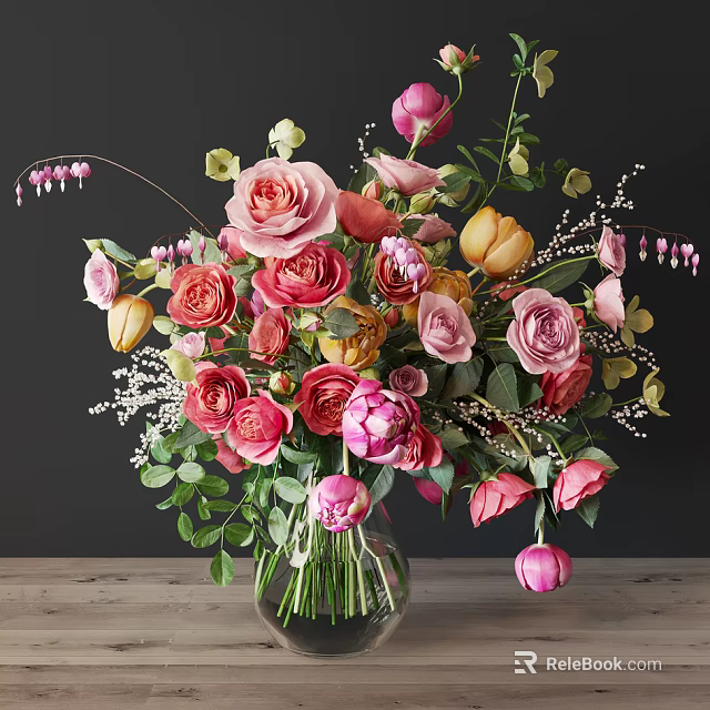 Elegant Glass Vase With Mixed Roses Peonies Tulips Pink Red Yellow Flowers Green Leaves 3d model 