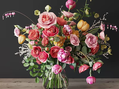 Elegant Glass Vase With Mixed Roses Peonies Tulips Pink Red Yellow Flowers Green Leaves 3d model