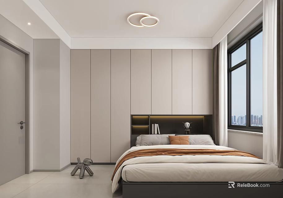 Minimalist Tatami Bedroom Design With Circular Ceiling Light Light Gray Walls Window And City View 3d model 