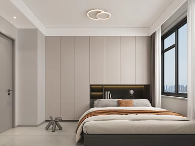 Minimalist Tatami Bedroom Design With Circular Ceiling Light Light Gray Walls Window And City View 3d model