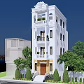 White Multi Story Detached Villa With Ornate Details Balconies Front Steps And Green Plants