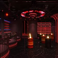 Stylish Bar Interior Design With Red Neon Lights Barrel Seats Stage And Lounge Atmosphere