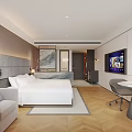 Long Hotel Guest Room Corridor With Patterned Carpet Light-Colored Walls And Recessed Lighting