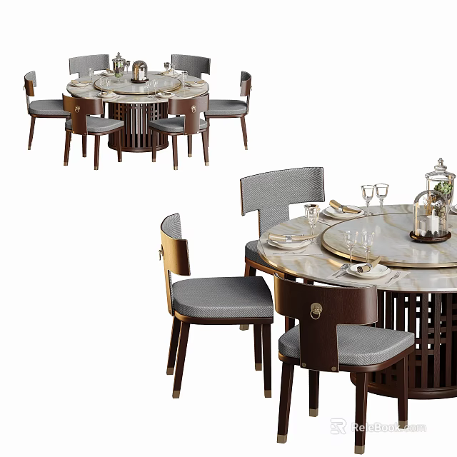Elegant Modern Dining Table Set With Round Marble Tabletop And Comfortable Chairs 3d model