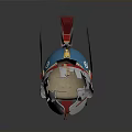 Ornate Ancient Warrior Helmet Featuring Blue Front Red Gold Trim And Feather Plume