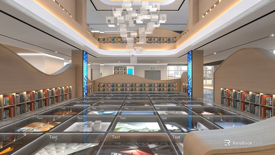 Artistic Library Interior With Bookshelves And Glass Displays 3d model 