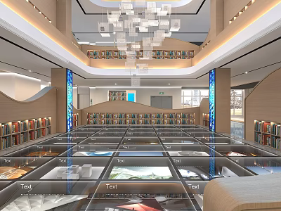 Artistic Library Interior With Bookshelves And Glass Displays 3d model