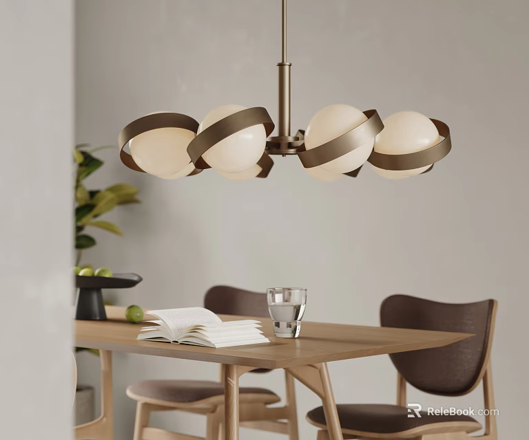 Modern Chandelier With Spherical White Shades And Metal Frame Dining Room With Wooden Table Chairs 3d model 