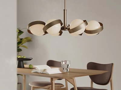 Modern Chandelier With Spherical White Shades And Metal Frame Dining Room With Wooden Table Chairs 3d model
