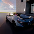 White Sports Car Parked Near Modern Building With Red Seats And Shiny Front Design