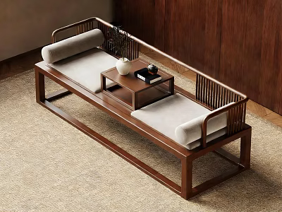 Chinese Style Wooden Daybed with Cushions and Tea Table in Minimalist Room Decor 3d model