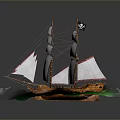 Detailed Wooden Pirate Ship Model With White Sails Black Skull Flag And Green Glowing Base