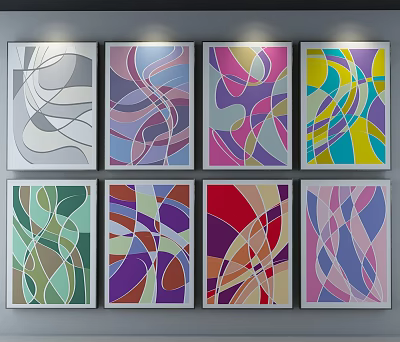 Colorful Abstract Paintings With Curved Lines Geometric Shapes In White Frames On Wall 3d model