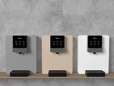 Cara Electric Water Dispensers in Gray Beige and White on Wooden Shelf Against Gray Wall 3d model
