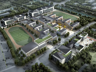 Modern Multiple School Buildings With Green Sports Field Trees And Roads 3d model