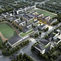 Modern Multiple School Buildings With Green Sports Field Trees And Roads