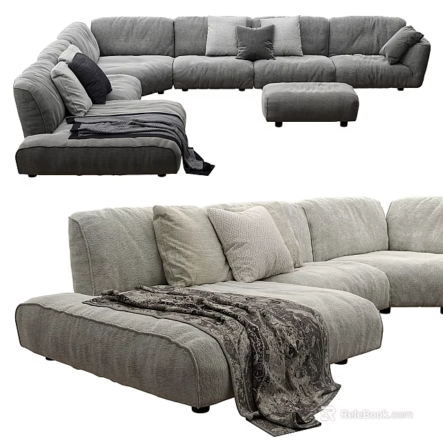 Modern Gray Modular Sectional Sofa Set With Soft Pillows And Throw Blanket 3d model 