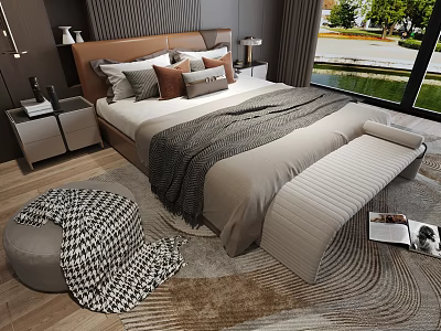 Double Bed Interior Design With Brown Headboard Multiple Pillows Gray Blanket Bench And Round Pouf 3d model