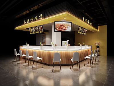 Western Fast Food Restaurant Interior With Open Wooden Bar Counter White Chairs And Menu Screens 3d model