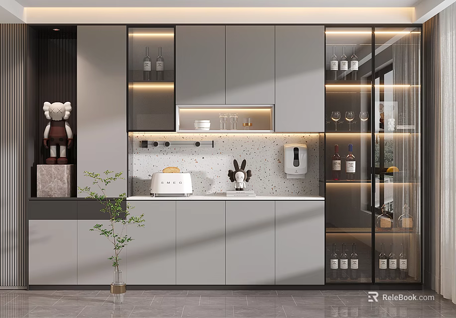 Modern Wine Cabinet With Glass Doors And Interior Lighting In Kitchen Design 3d model 