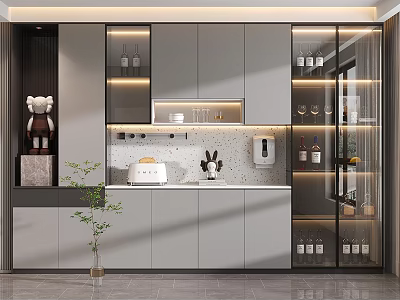 Modern Wine Cabinet With Glass Doors And Interior Lighting In Kitchen Design 3d model